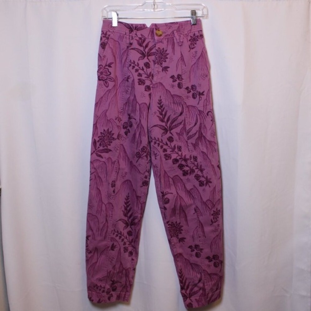 Anthropologie Purple Botanical Print Pants Women's 0 High Rise Tapered Leg Boho